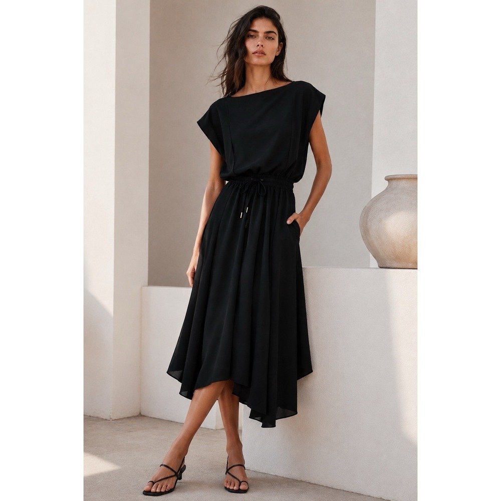 ATM Anthony Thomas Melillo Gathered Georgette Midi Dress Black LG NWOT $395